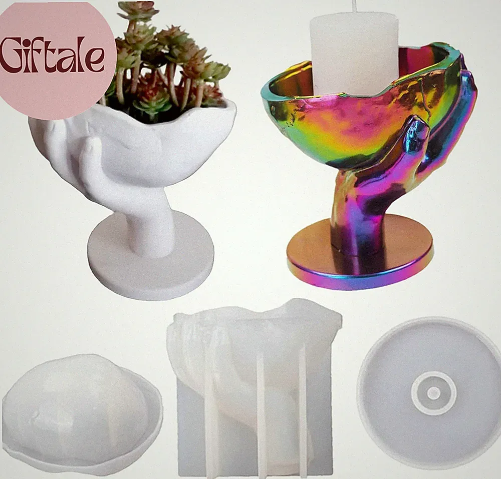 3PCS Hand-Held Skull Flower Pot Cement Silicone Mold with Base Candle Holder Sto