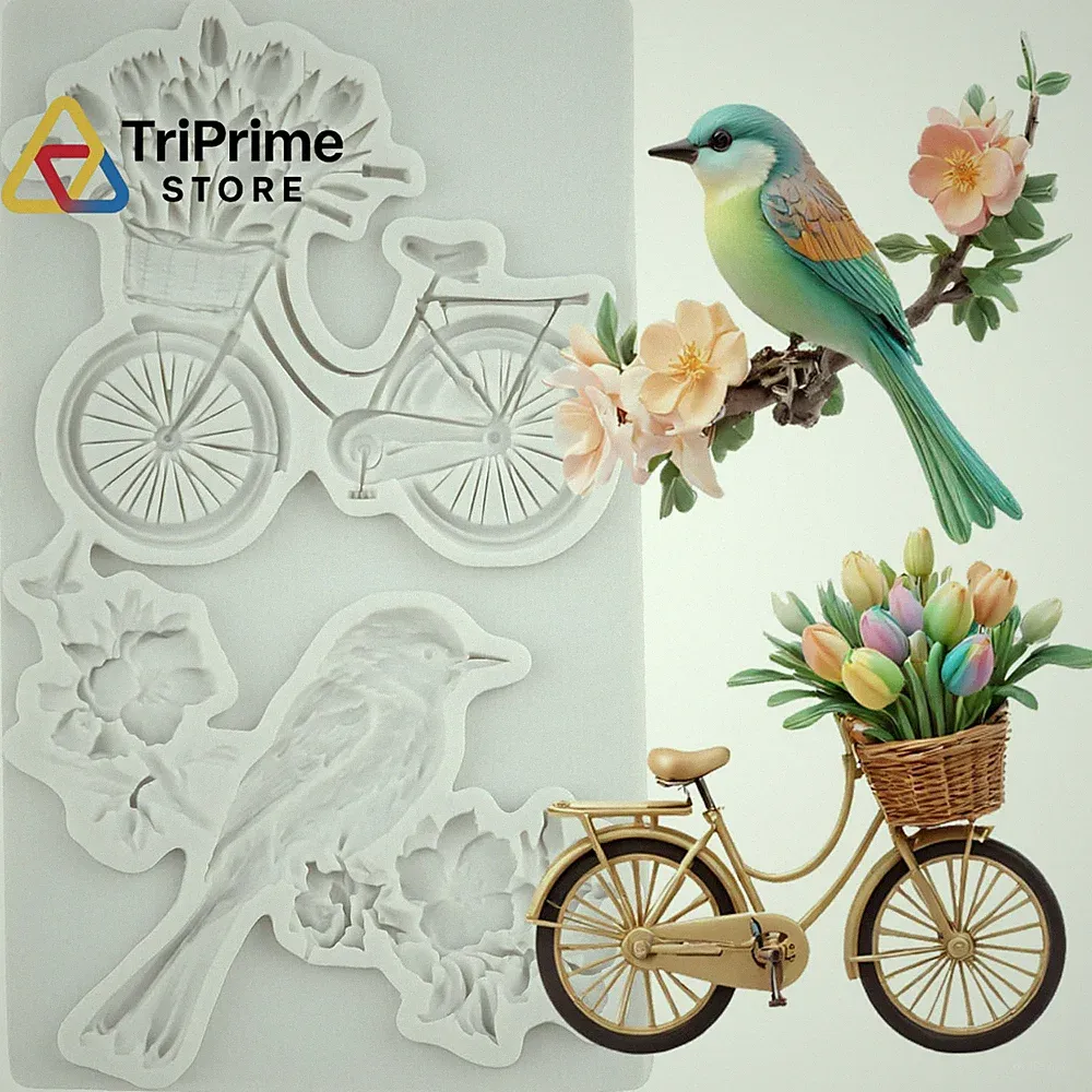 TAOXIBEI Bird Silicone Mold Flower Bicycle Polymer Clay Molds Style A