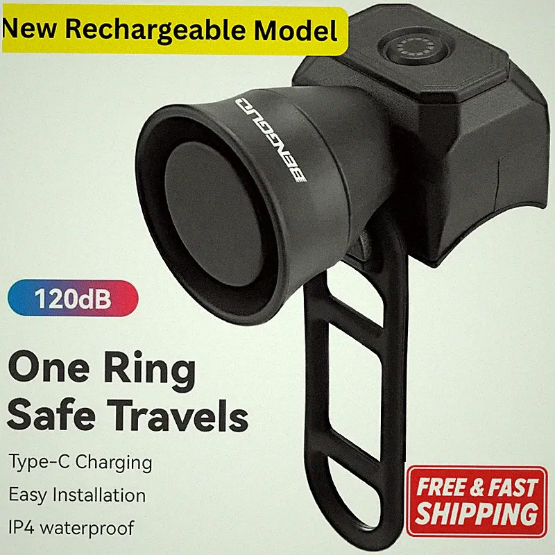 USB Rechargeable Electric Bike Horn 120dB Loud 5 Sounds Bicycle Bell MTB Black