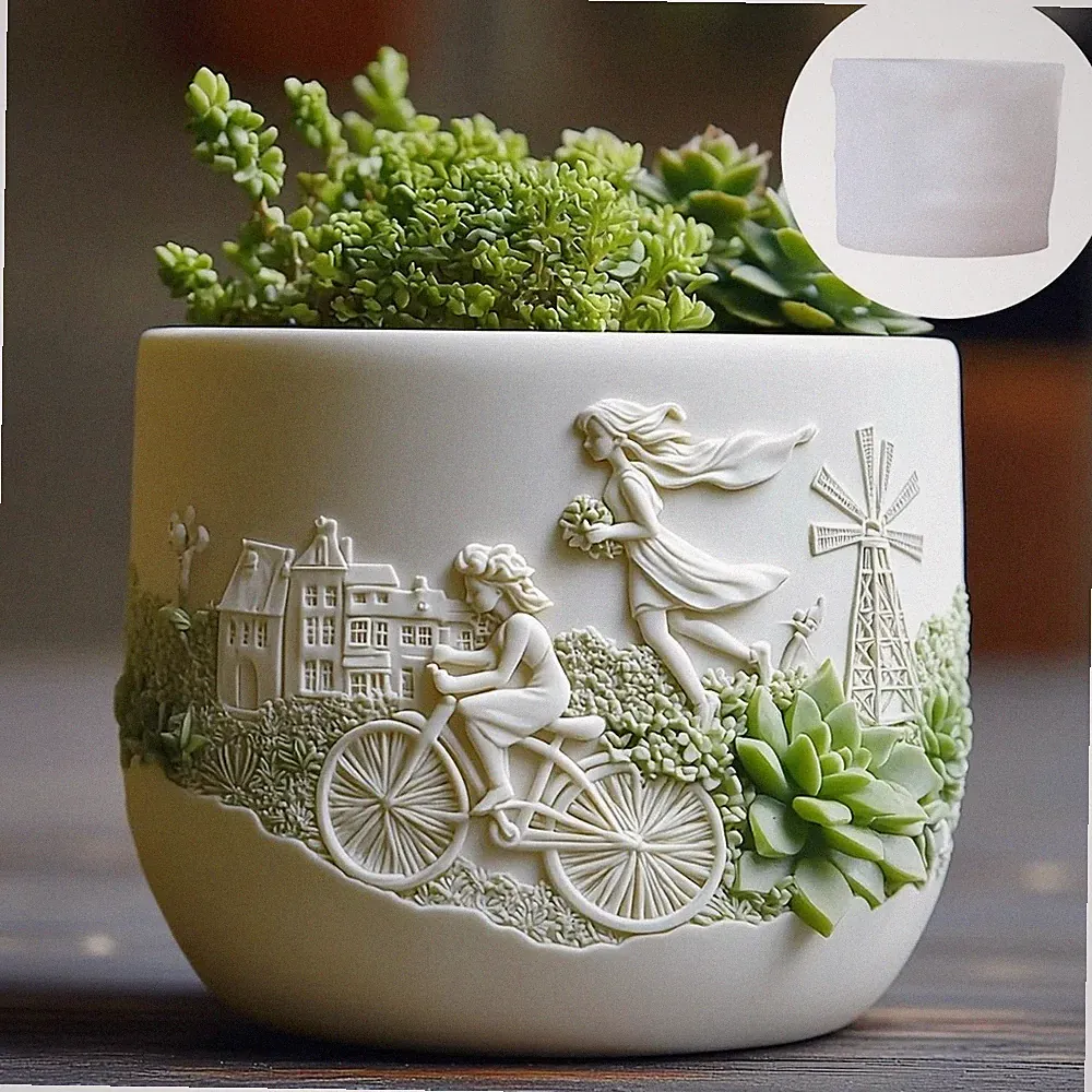 Vintage Village Planter Silicone Mold Girl Bicycle Windmill Resin Pots DIY Mould
